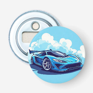 Blauwe sportauto onder heldere lucht button flesopener