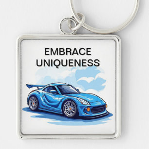 Blauwe sportauto onder heldere lucht sleutelhanger