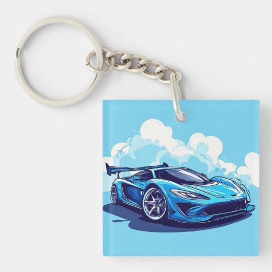 Blauwe sportauto onder heldere lucht sleutelhanger (voorkant)