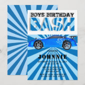 Blauwe sportwagen Basis Birthday Party Kaart (Voorkant / Achterkant)