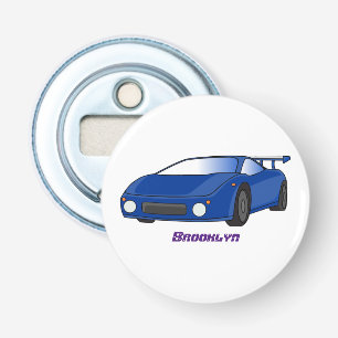 Blauwe sportwagen met afbeelding van luchtfolie button flesopener