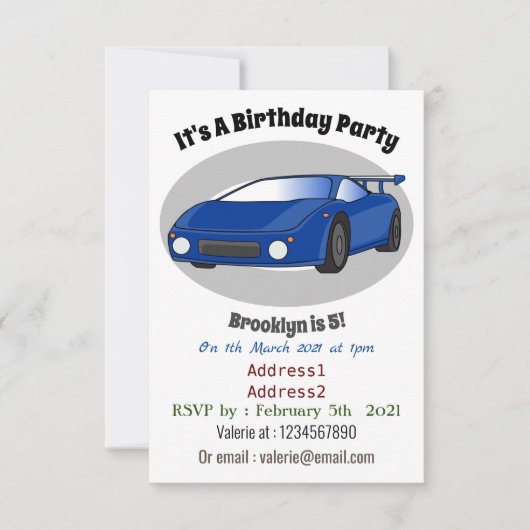 Blauwe sportwagen met afbeelding van luchtfolie kaart (Voorkant)