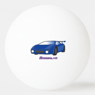 Blauwe sportwagen met afbeelding van luchtfolie pingpongbal