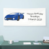 Blauwe sportwagen met afbeelding van luchtfolie spandoek (Beurs)