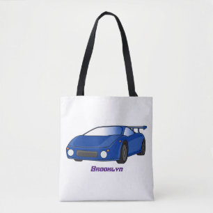 Blauwe sportwagen met afbeelding van luchtfolie tote bag