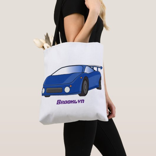 Blauwe sportwagen met afbeelding van luchtfolie tote bag (Dichtbij)