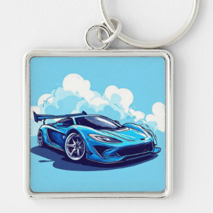 Blauwe sportwagen onder heldere lucht sleutelhanger