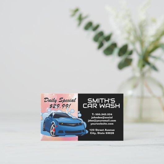 Blauwe sportwagen | Zeepbellen | Automatisch wasse Visitekaartje (Staand voorkant)