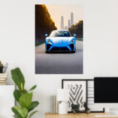 Blauwe sportwagens op de weg | AI Art Poster (Thuiskantoor)