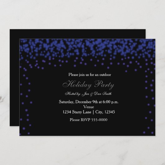 Blauwe sprankelende lichten op Black Party Invitat Kaart (Voorkant / Achterkant)