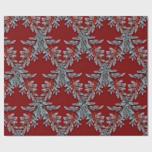 Blauwe Spruce Red Berries Lattice Donkerrood Cadeaupapier (Vlak)