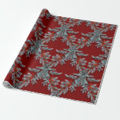 Blauwe Spruce Red Berries Lattice Donkerrood Cadeaupapier (Uitgerold)