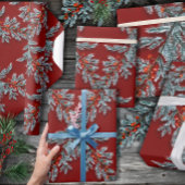 Blauwe Spruce Red Berries Lattice Donkerrood Cadeaupapier