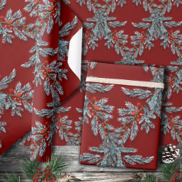 Blauwe Spruce Red Berries Lattice Donkerrood Cadeaupapier