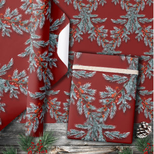 Blauwe Spruce Red Berries Lattice Donkerrood Cadeaupapier