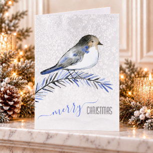 Blauwe Staart Vogel Op IJstige Tak Prettig Kerstfe Feestdagen Kaart