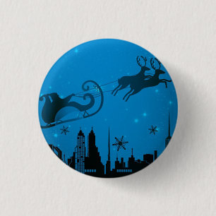 Blauwe stad met kerstman en rendier ronde button 3,2 cm