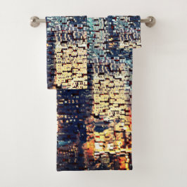 Blauwe stadsgebouwen in mozaïekstijl met reliëf bad handdoek