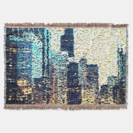 Blauwe stadsgebouwen in mozaïekstijl met reliëf deken