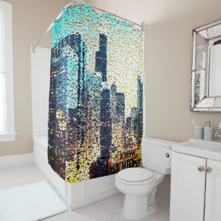 Blauwe stadsgebouwen in mozaïekstijl met reliëf douchegordijn