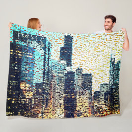 Blauwe stadsgebouwen in mozaïekstijl met reliëf    fleece deken
