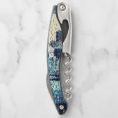 Blauwe stadsgebouwen in mozaïekstijl met reliëf kurkentrekker (Achterkant)