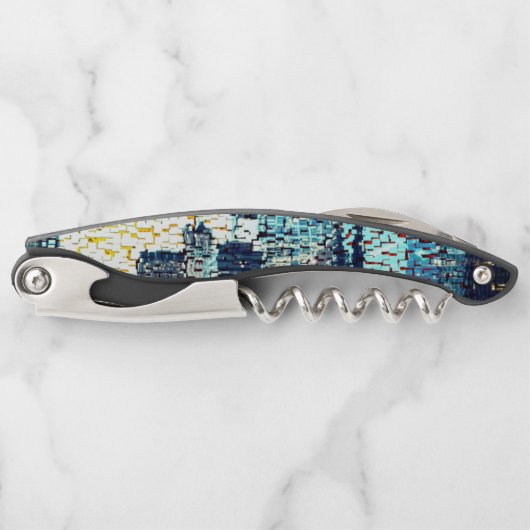 Blauwe stadsgebouwen in mozaïekstijl met reliëf kurkentrekker (Voorkant)