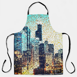 Blauwe stadsgebouwen in mozaïekstijl met reliëf schort