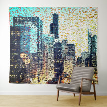 Blauwe stadsgebouwen in mozaïekstijl met reliëf