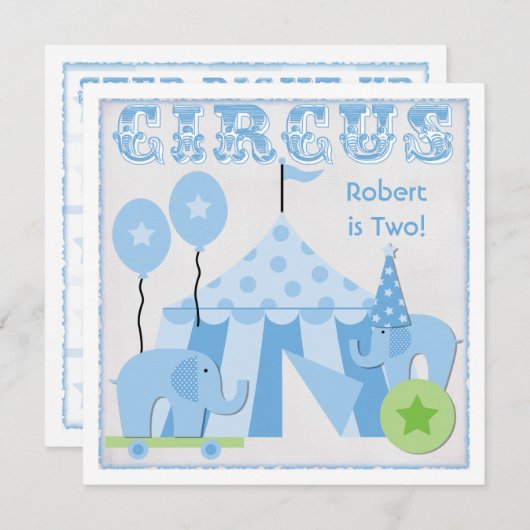 Blauwe stap recht op Circus Birthday-uitnodigingen Kaart (Voorkant / Achterkant)