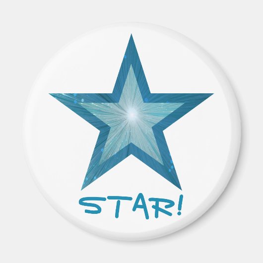 Blauwe Star-koelkast "STAR!" magneet rond wit (Voorkant)