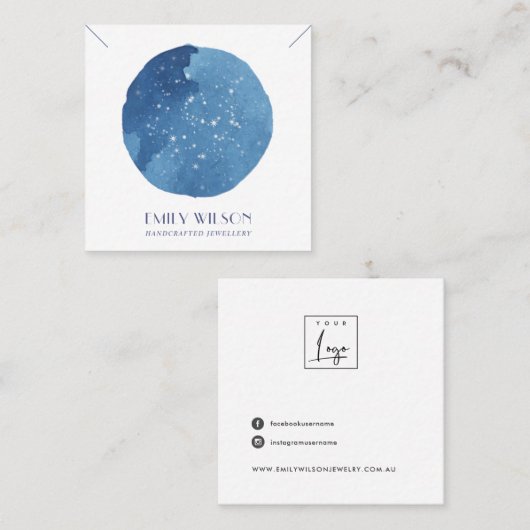 BLAUWE STAR WATERVERF CIRCLE STUD EARRING DISPLAY VIERKANTE VISITEKAARTJE (Voorkant / Achterkant)