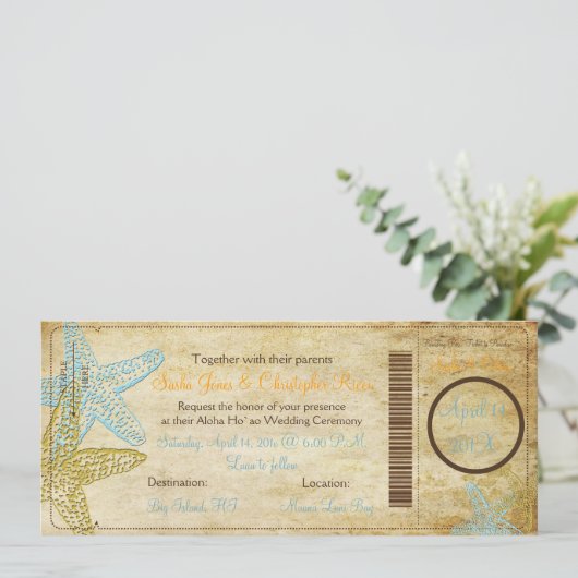 BLAUWE STARFISH BOARDING PASS INVITATIONS KAART (Staand voorkant)