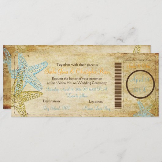 BLAUWE STARFISH BOARDING PASS INVITATIONS KAART (Voorkant / Achterkant)