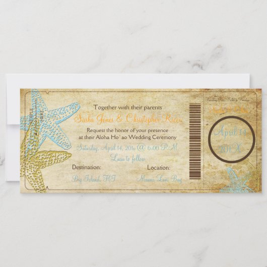  BLAUWE STARFISH BOARDING PASS INVITATIONS KAART (Voorkant)