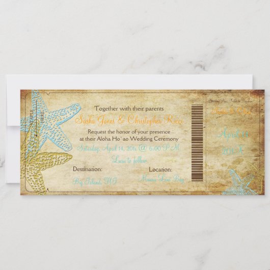 BLAUWE STARFISH BOARDING PASS INVITATIONS KAART (Voorkant)