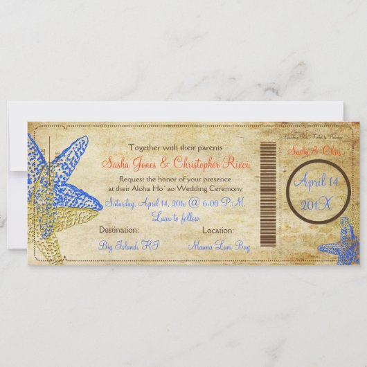 BLAUWE STARFISH BOARDING PASS INVITATIONS KAART (Voorkant)