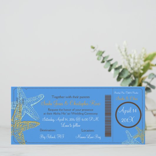 BLAUWE STARFISH WEDDING INVITATIONS KAART (Staand voorkant)
