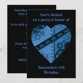 Blauwe steampunk hart verjaardagsfeestje kaart (Voorkant / Achterkant)