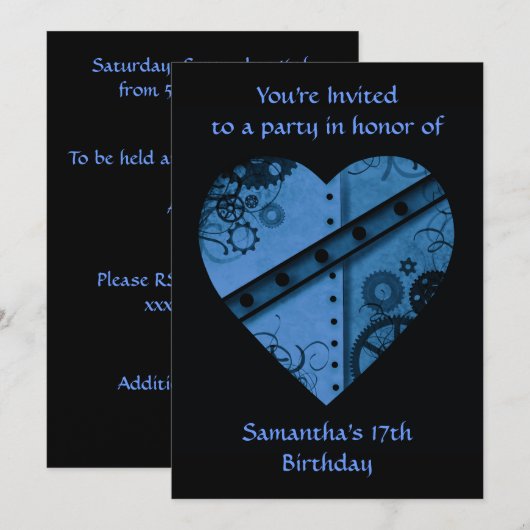 Blauwe steampunk hart verjaardagsfeestje kaart (Voorkant / Achterkant)