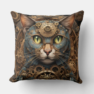 blauwe steampunk kat AI art kussen