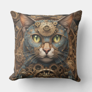 blauwe steampunk kat AI kunst buitenkussen