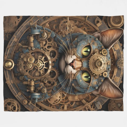 blauwe steampunk kat AI kunst deken (Voorkant (Horizontaal))