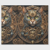blauwe steampunk kat AI kunst inpakpapier (Vlak)