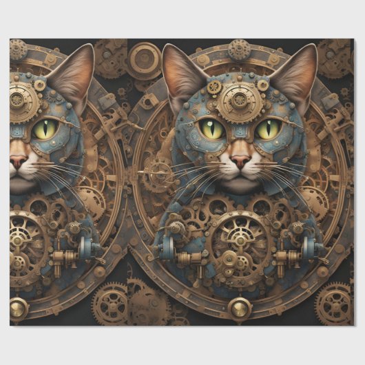 blauwe steampunk kat AI kunst inpakpapier (Vlak)