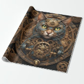 blauwe steampunk kat AI kunst inpakpapier (Uitgerold)