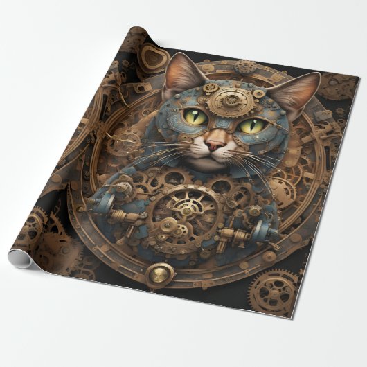 blauwe steampunk kat AI kunst inpakpapier (Uitgerold)
