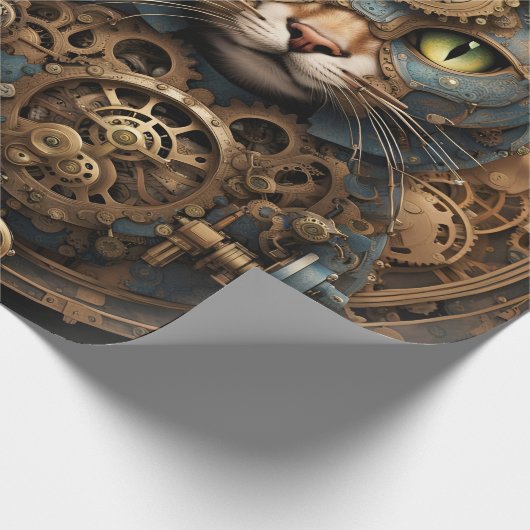 blauwe steampunk kat AI kunst inpakpapier (Hoek)