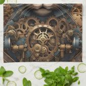 blauwe steampunk kat AI kunst keukenhanddoek (Gevouwen)