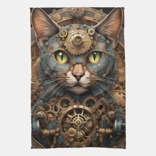 blauwe steampunk kat AI kunst keukenhanddoek (Verticaal)